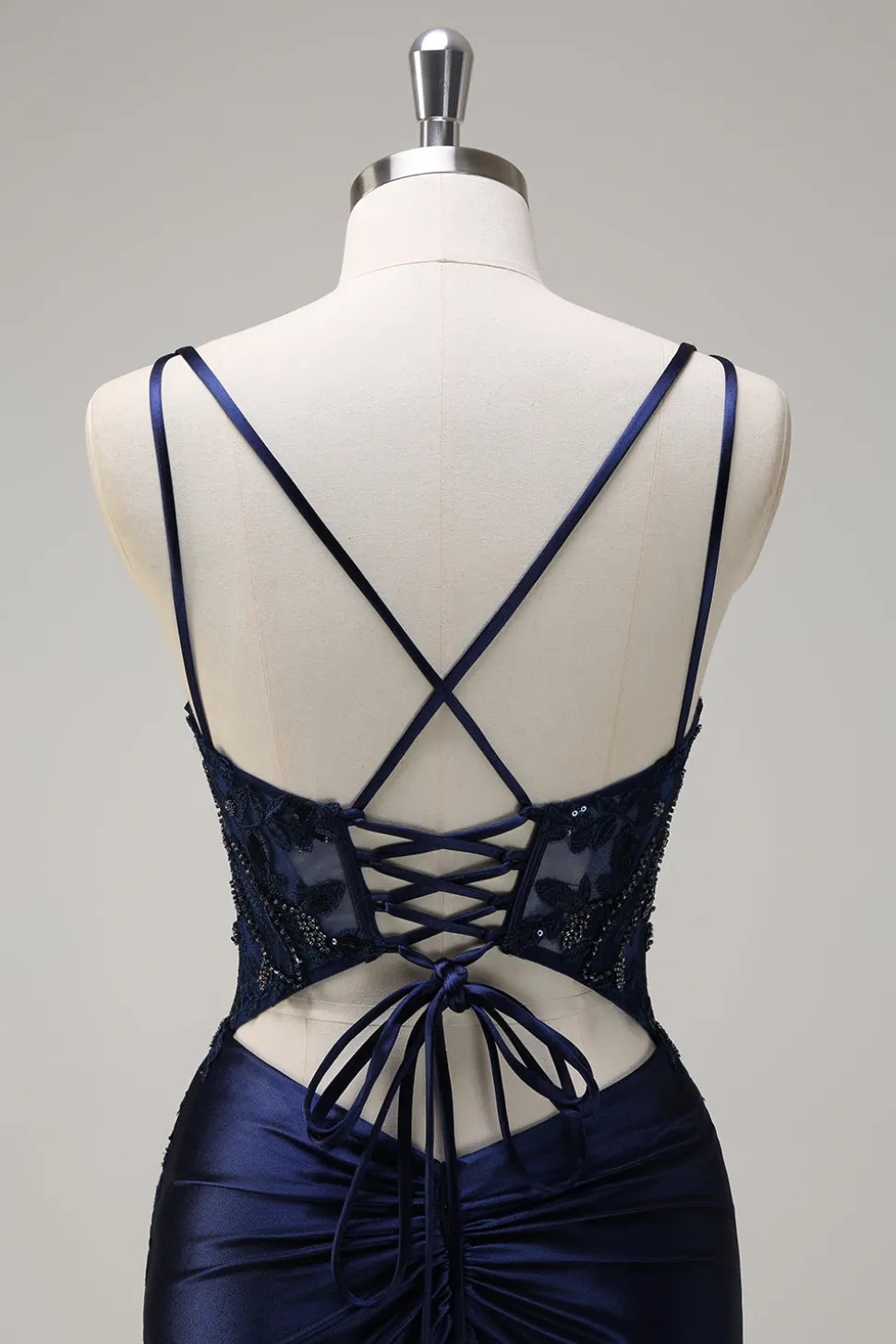 Sereia Marinha Alças Esparguete Espartilho Ruched Long Prom Dress With Slit