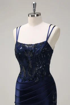 Sereia Marinha Alças Esparguete Espartilho Ruched Long Prom Dress With Slit
