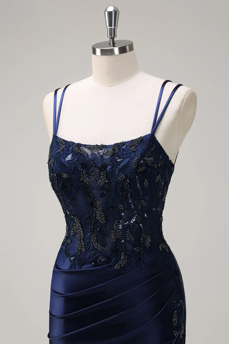 Sereia Marinha Alças Esparguete Espartilho Ruched Long Prom Dress With Slit