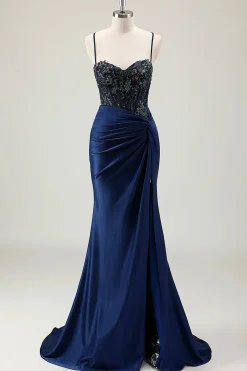 Sereia Marinha Escura Sparkly Sequins Esparguete Alças Vestido de Baile com Fenda