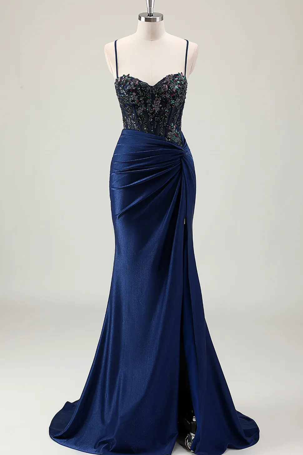 Sereia Marinha Escura Sparkly Sequins Esparguete Alças Vestido de Baile com Fenda