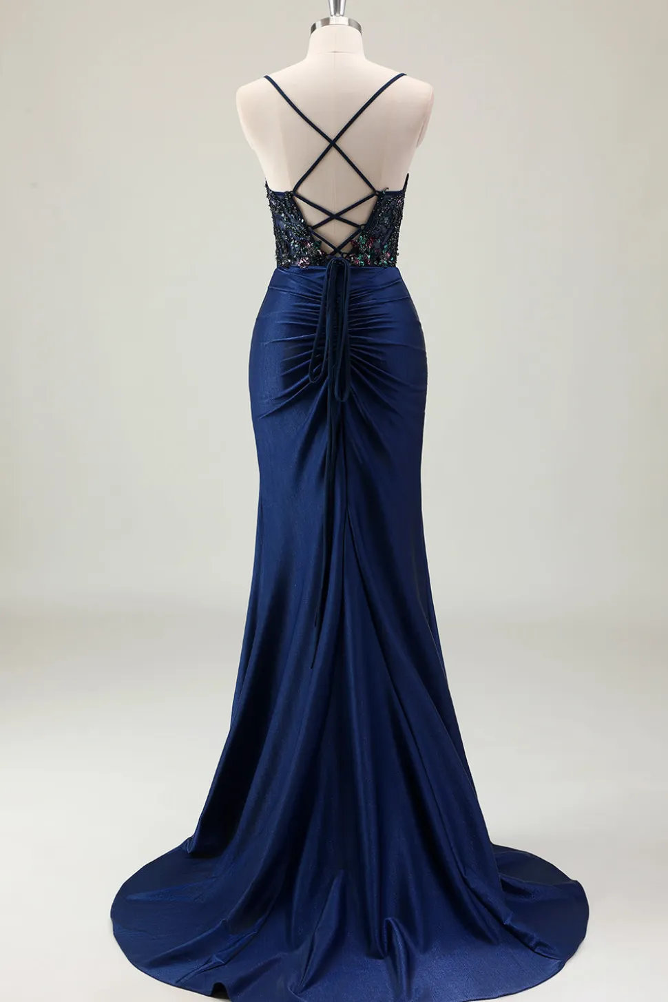 Sereia Marinha Escura Sparkly Sequins Esparguete Alças Vestido de Baile com Fenda