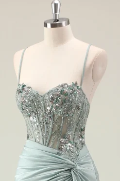 Sereia Marinha Escura Sparkly Sequins Esparguete Alças Vestido de Baile com Fenda
