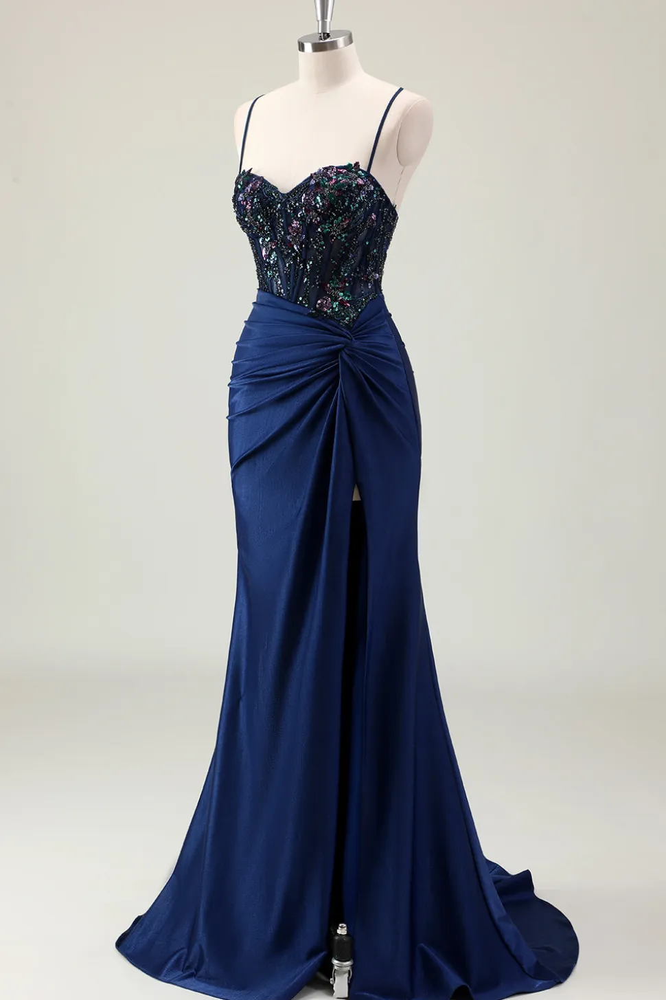 Sereia Marinha Escura Sparkly Sequins Esparguete Alças Vestido de Baile com Fenda