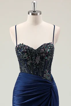 Sereia Marinha Escura Sparkly Sequins Esparguete Alças Vestido de Baile com Fenda