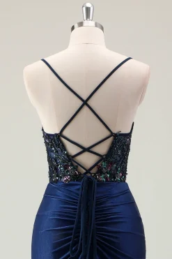 Sereia Marinha Escura Sparkly Sequins Esparguete Alças Vestido de Baile com Fenda