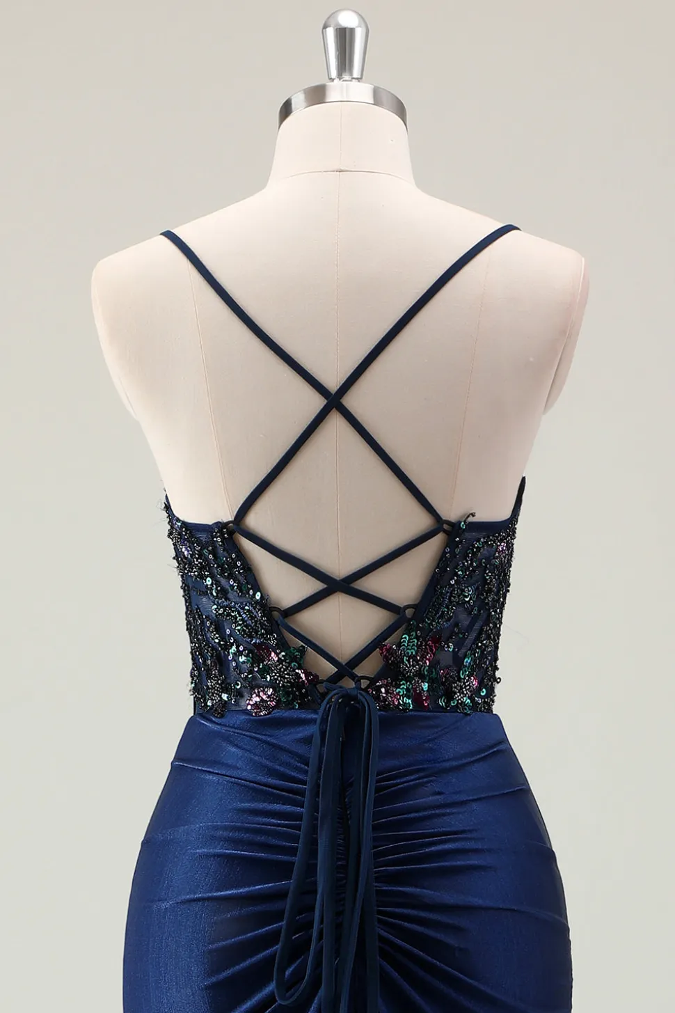 Sereia Marinha Escura Sparkly Sequins Esparguete Alças Vestido de Baile com Fenda