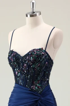 Sereia Marinha Escura Sparkly Sequins Esparguete Alças Vestido de Baile com Fenda
