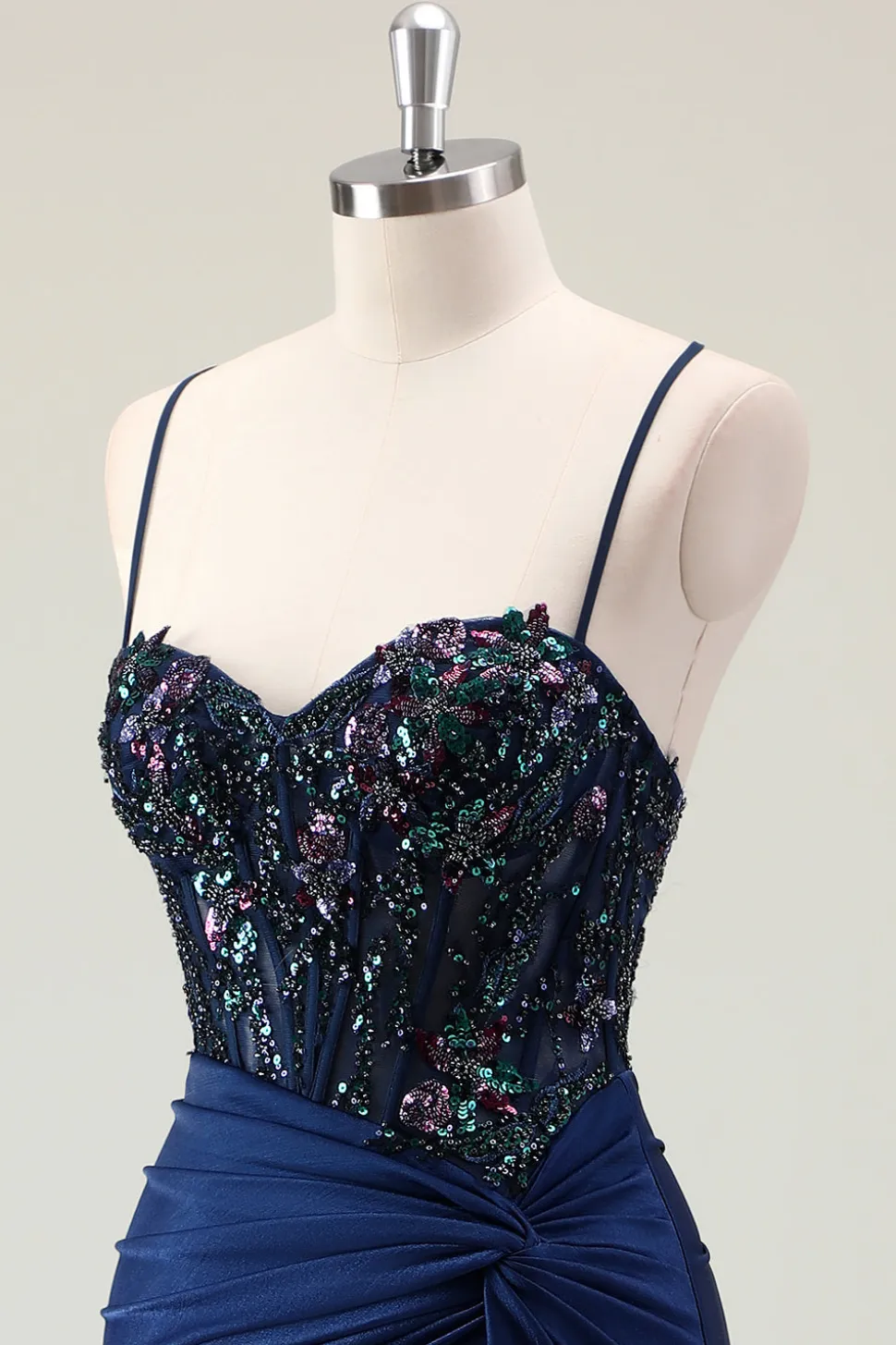 Sereia Marinha Escura Sparkly Sequins Esparguete Alças Vestido de Baile com Fenda