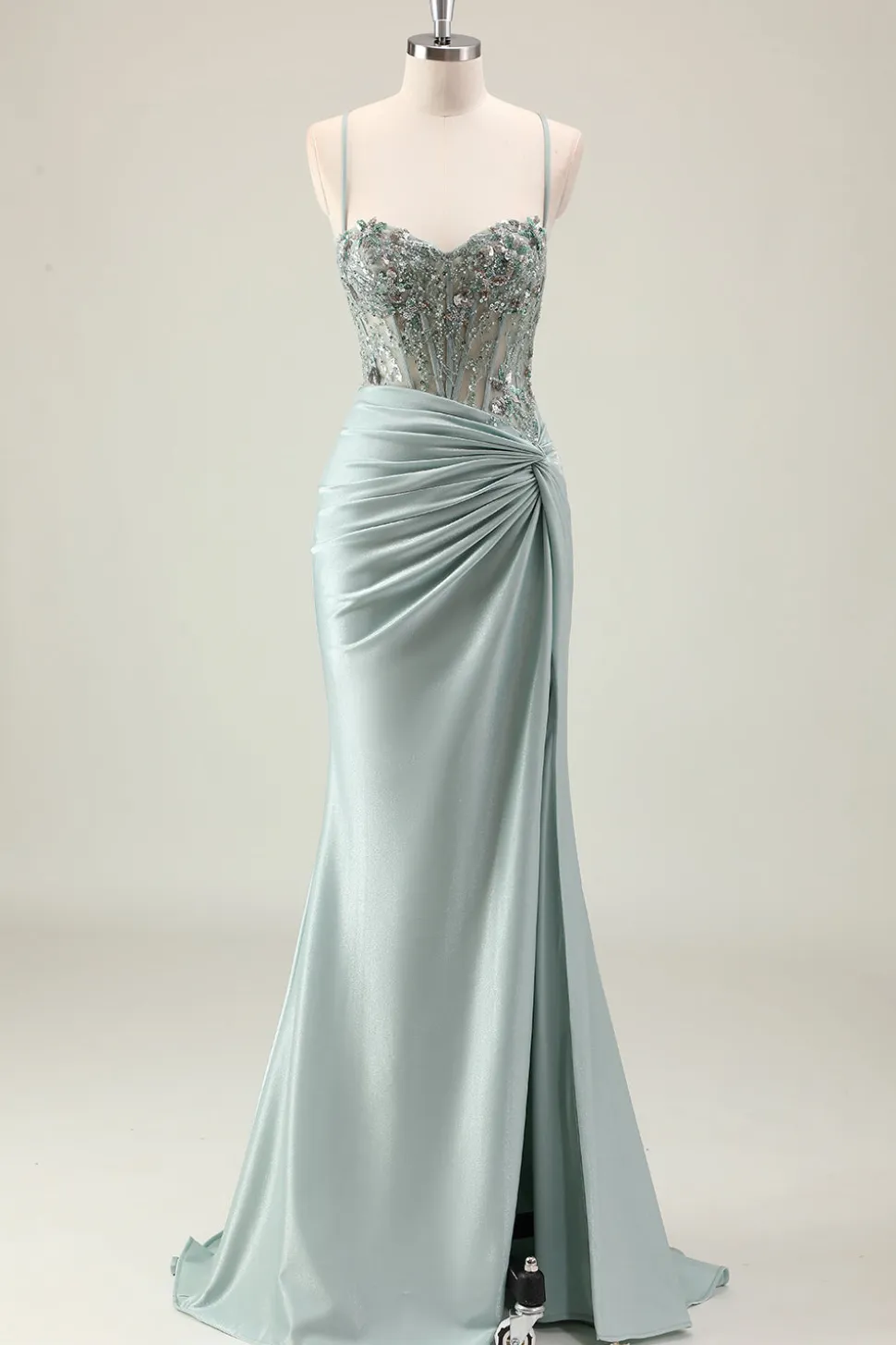 Sereia Marinha Escura Sparkly Sequins Esparguete Alças Vestido de Baile com Fenda