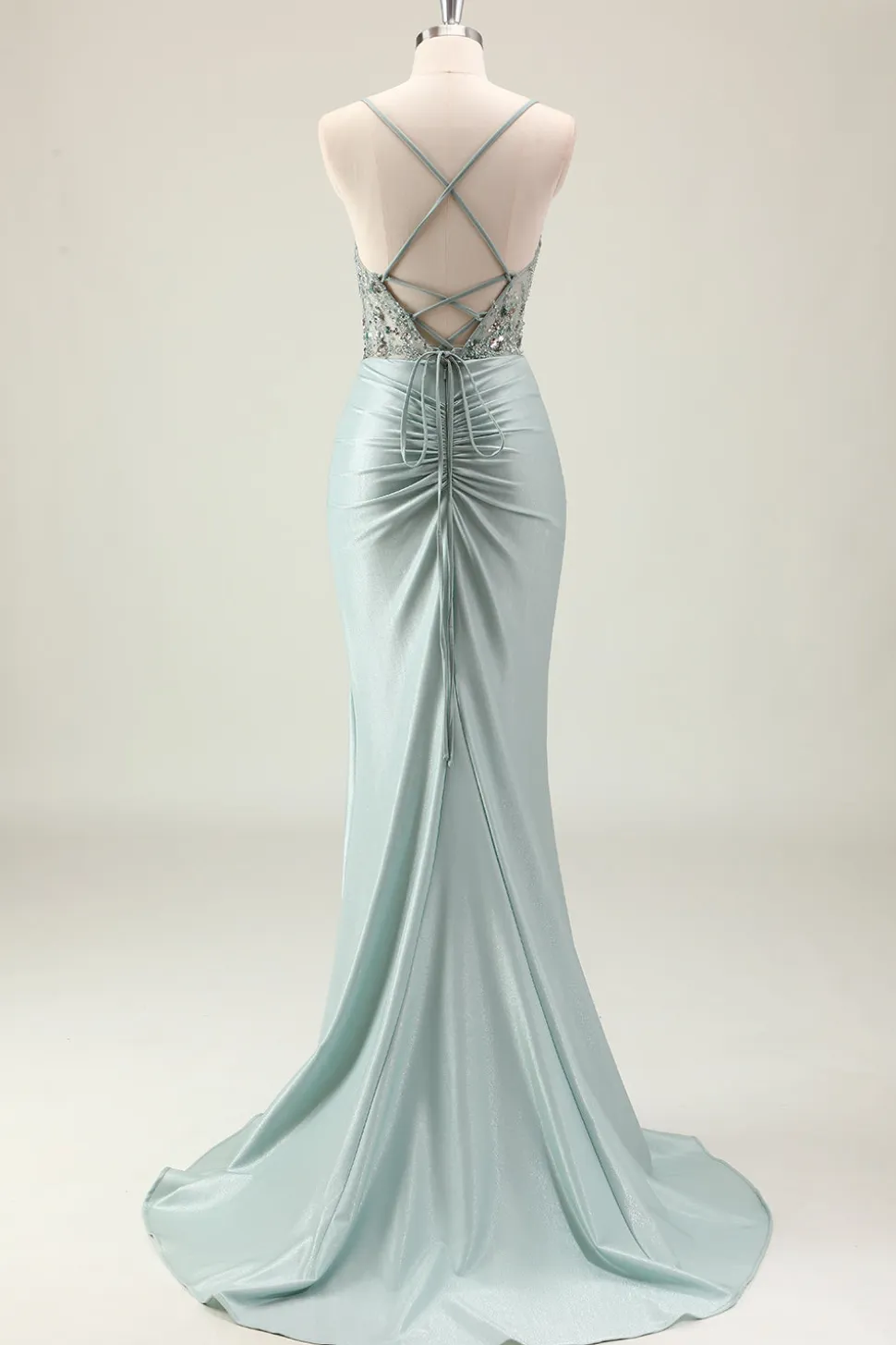 Sereia Marinha Escura Sparkly Sequins Esparguete Alças Vestido de Baile com Fenda