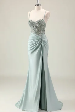 Sereia Marinha Escura Sparkly Sequins Esparguete Alças Vestido de Baile com Fenda