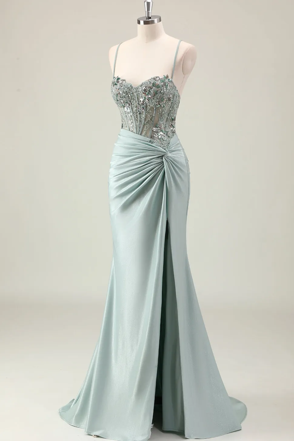 Sereia Marinha Escura Sparkly Sequins Esparguete Alças Vestido de Baile com Fenda