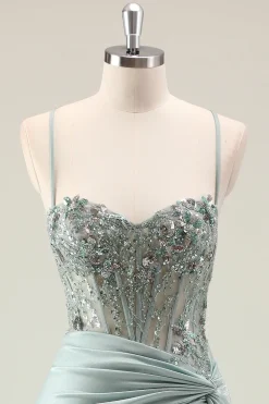 Sereia Marinha Escura Sparkly Sequins Esparguete Alças Vestido de Baile com Fenda