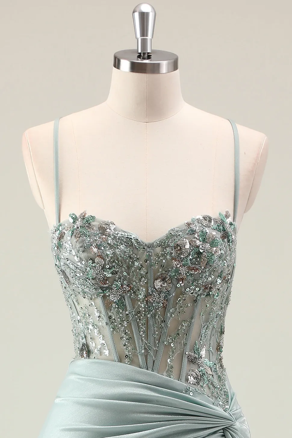 Sereia Marinha Escura Sparkly Sequins Esparguete Alças Vestido de Baile com Fenda
