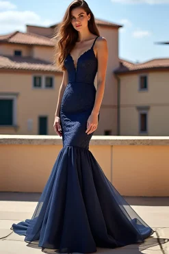 Sereia Marinha Esparguete Correias Longo Vestido de Baile de Formatura de Renda