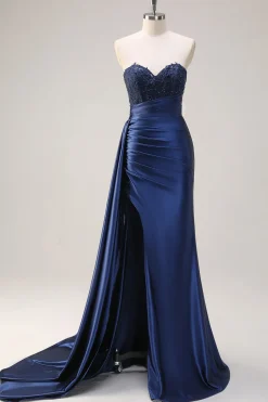 Sereia Marinha Strapless Lado Streamer Ruched Corset Long Prom Dress With Slit