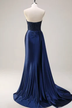 Sereia Marinha Strapless Lado Streamer Ruched Corset Long Prom Dress With Slit