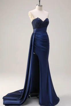Sereia Marinha Strapless Lado Streamer Ruched Corset Long Prom Dress With Slit