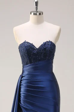 Sereia Marinha Strapless Lado Streamer Ruched Corset Long Prom Dress With Slit