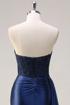 Sereia Marinha Strapless Lado Streamer Ruched Corset Long Prom Dress With Slit