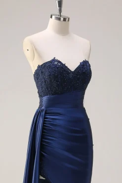 Sereia Marinha Strapless Lado Streamer Ruched Corset Long Prom Dress With Slit
