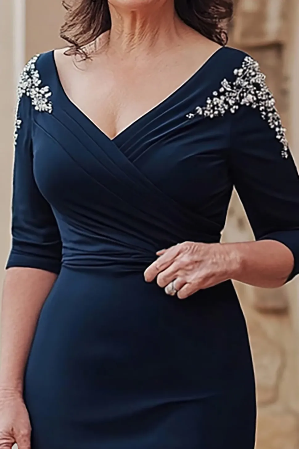 Sereia Marinha V-neck cetim meias mangas longa mãe do vestido da noiva com fenda