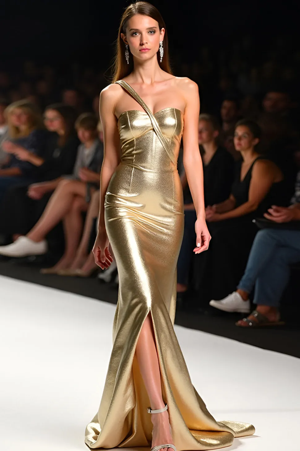 Sereia Metálica Dourada Um Ombro Longo Vestido de Gala com Fenda
