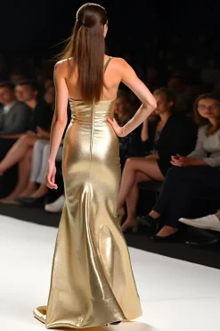 Sereia Metálica Dourada Um Ombro Longo Vestido de Gala com Fenda