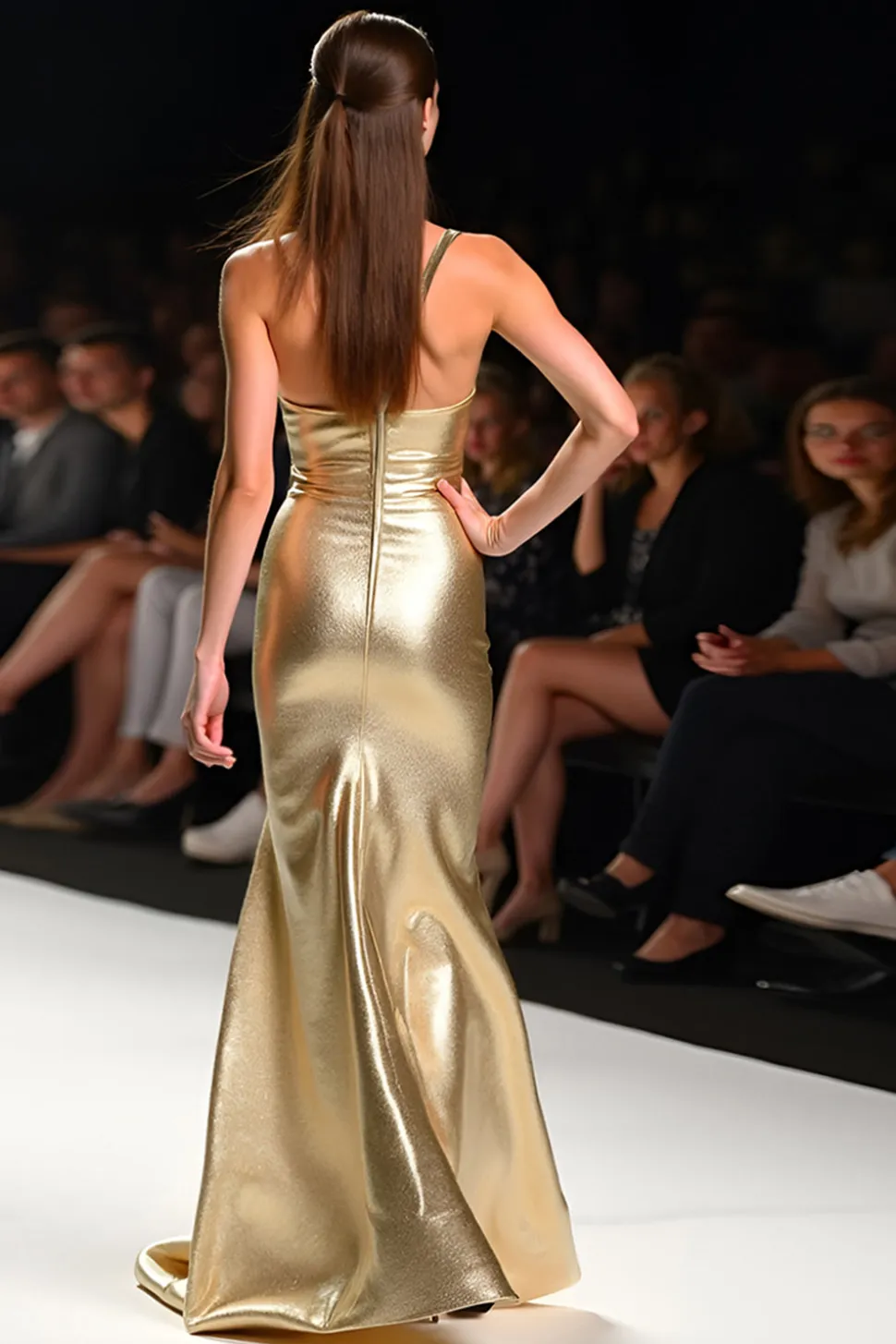 Sereia Metálica Dourada Um Ombro Longo Vestido de Gala com Fenda