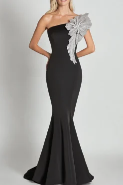 Sereia Negra Um Ombro com Vestido Formal Longo Flor de Lantejoulas