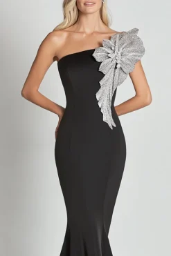Sereia Negra Um Ombro com Vestido Formal Longo Flor de Lantejoulas