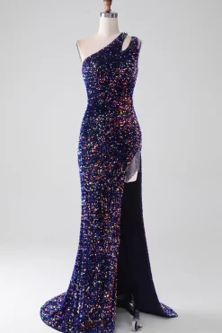 Sereia Negra Um Ombro Sequins Long Prom Dress com Fenda