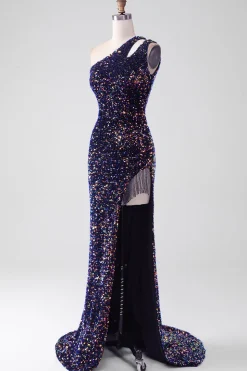 Sereia Negra Um Ombro Sequins Long Prom Dress com Fenda
