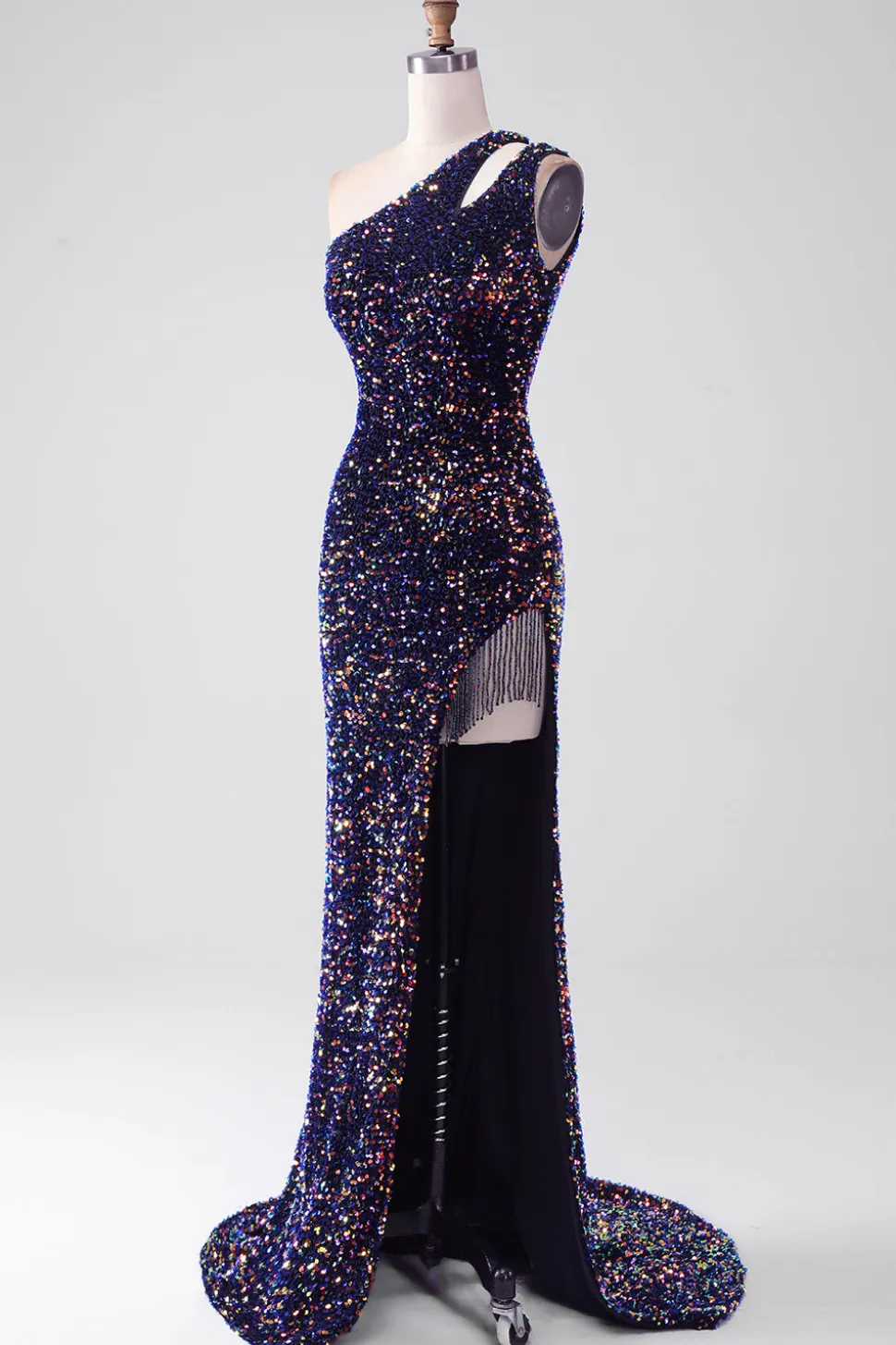 Sereia Negra Um Ombro Sequins Long Prom Dress com Fenda