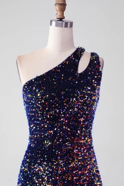 Sereia Negra Um Ombro Sequins Long Prom Dress com Fenda