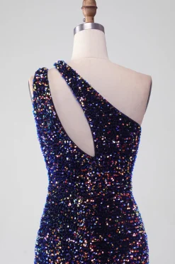 Sereia Negra Um Ombro Sequins Long Prom Dress com Fenda