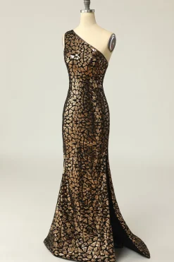 Sereia One Shouler Dark Gold Sequins Vestido de baile