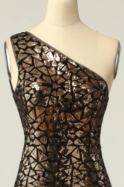 Sereia One Shouler Dark Gold Sequins Vestido de baile