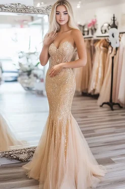 Sereia Ouro Lantejoulas Mangas Vestido Longo Baile