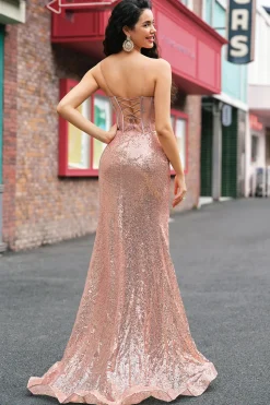 Sereia Ouro Rosa Frisado Ruched Sequin Corset Vestido de Baile com Fenda Lateral