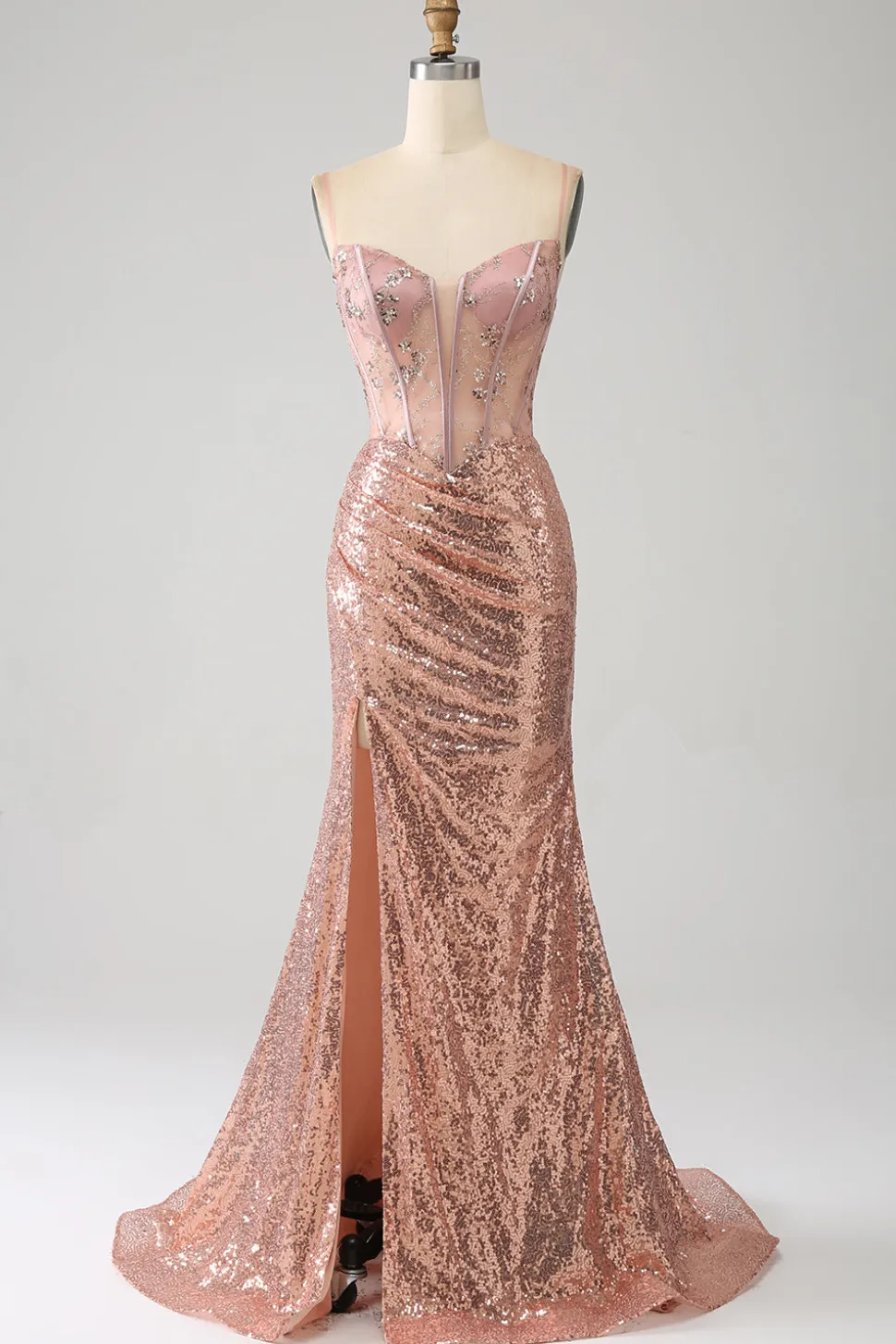 Sereia Ouro Rosa Frisado Ruched Sequin Corset Vestido de Baile com Fenda Lateral