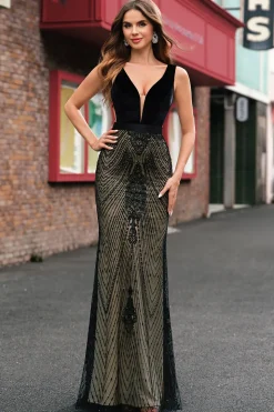 Sereia Preta Brilhante Deep V-Neck Long Prom Dress com Costas Abertas