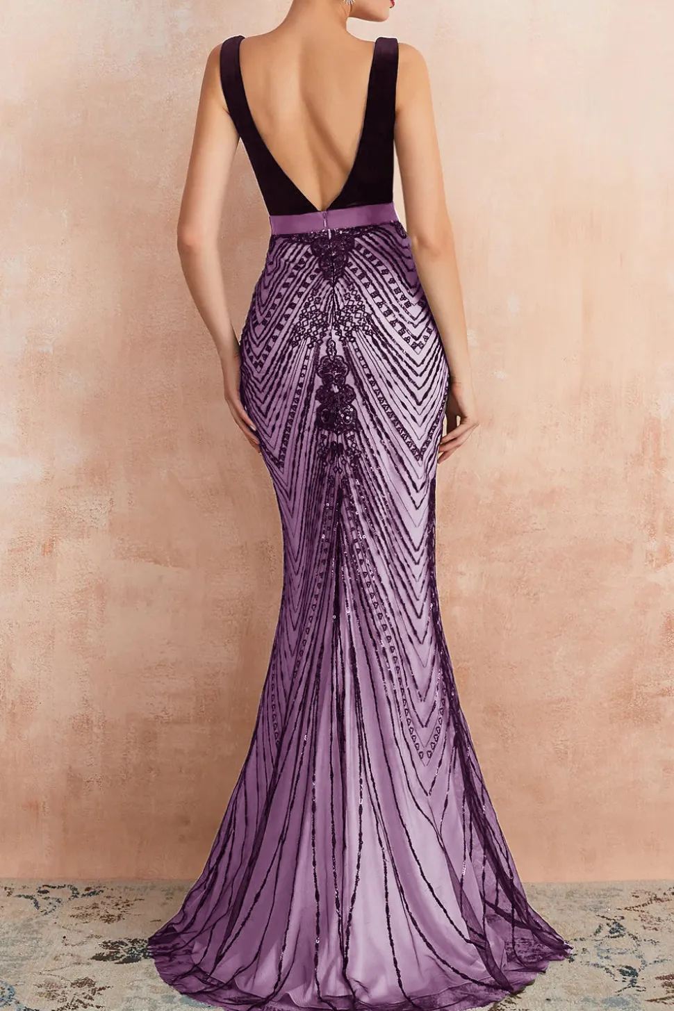 Sereia Preta Brilhante Deep V-Neck Long Prom Dress com Costas Abertas