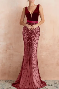 Sereia Preta Brilhante Deep V-Neck Long Prom Dress com Costas Abertas