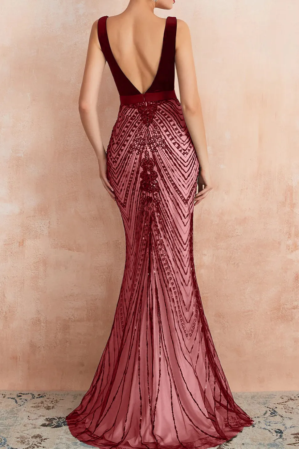 Sereia Preta Brilhante Deep V-Neck Long Prom Dress com Costas Abertas