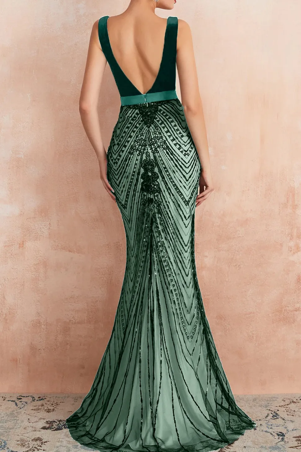 Sereia Preta Brilhante Deep V-Neck Long Prom Dress com Costas Abertas