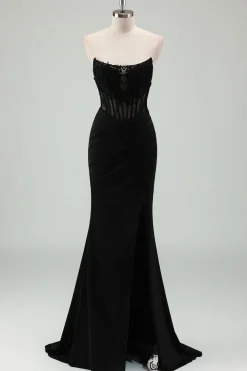 Sereia Preta Brilhante Espartilho Sem Alças Appliqued Long Prom Dress with Slit