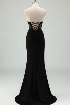 Sereia Preta Brilhante Espartilho Sem Alças Appliqued Long Prom Dress with Slit