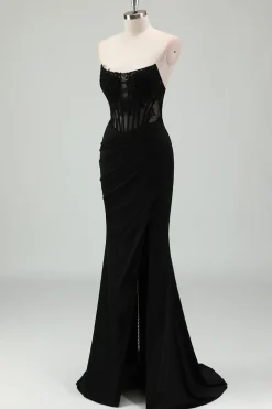 Sereia Preta Brilhante Espartilho Sem Alças Appliqued Long Prom Dress with Slit